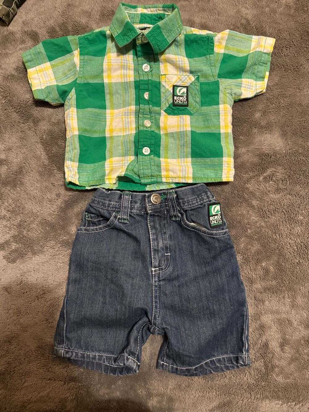 Ecko Unltd. Baby Green Plaid Short Sleeve Button-up and Denim Shorts Outfit